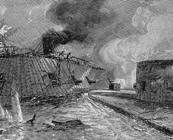 Wood engraving depicting the ironclads USS Monitor and CSS Virginia (formerly Merrimack) exchanging fire during the Battle of Hampton Roads.